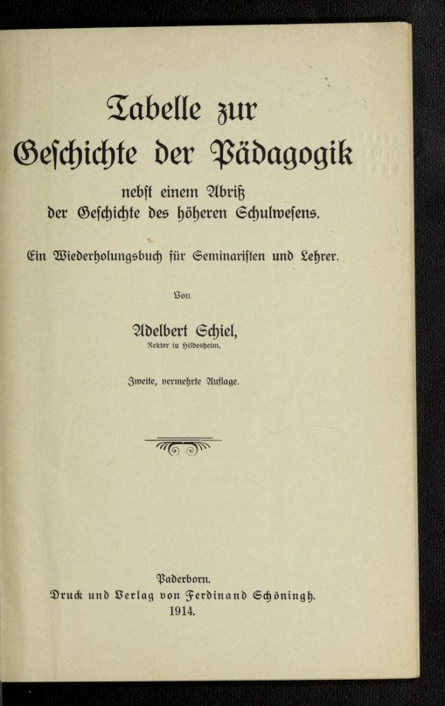 Titelseite zu Schiels "Tabelle zur Geschichte der Pädagogik" von 1914.