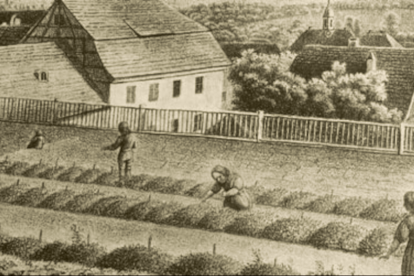Fröbel-Kindergarten in Blankenburg. Lithographie by A. Schmiedeknecht around 1840 Bildarchiv Friedrich-Fröbel-Museum Bad Blankenburg (Picture Library Friedrich-Fröbel-Museum Bad Blankenburg)