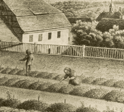 Fröbel-Kindergarten in Blankenburg. Lithographie by A. Schmiedeknecht around 1840 Bildarchiv Friedrich-Fröbel-Museum Bad Blankenburg (Picture Library Friedrich-Fröbel-Museum Bad Blankenburg)