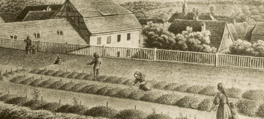 Fröbel-Kindergarten in Blankenburg. Lithographie by A. Schmiedeknecht around 1840 Bildarchiv Friedrich-Fröbel-Museum Bad Blankenburg (Picture Library Friedrich-Fröbel-Museum Bad Blankenburg)