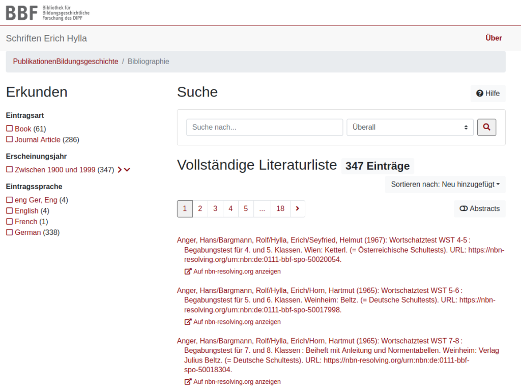 Screenshot der Bibliographie "Schriften Erich Hylla"